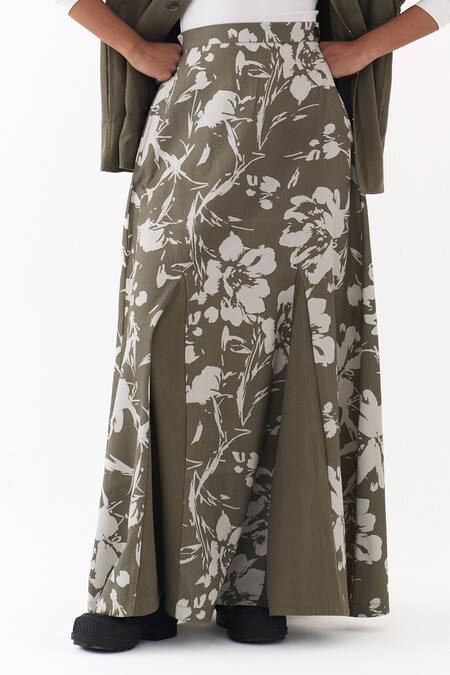 Buy_Three_Olive Green Twill Floral Print Circular Skirt _Online_at_Aza_Fashions