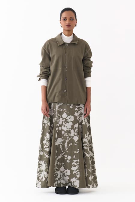 Shop_Three_Olive Green Twill Floral Print Circular Skirt _Online_at_Aza_Fashions