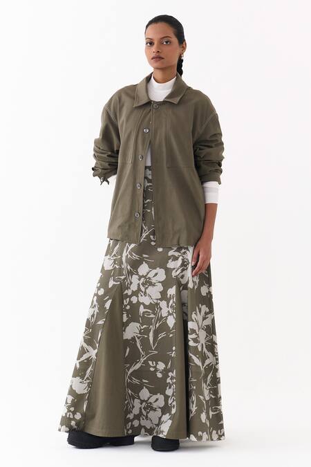 Three_Olive Green Twill Floral Print Circular Skirt _at_Aza_Fashions
