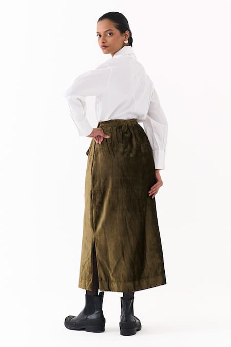 Three_Olive Green Velvet Flap Skirt _Online_at_Aza_Fashions