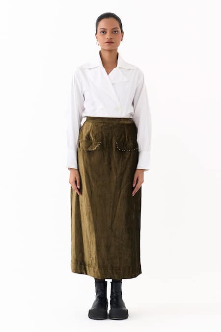 Shop_Three_Olive Green Velvet Flap Skirt _Online_at_Aza_Fashions