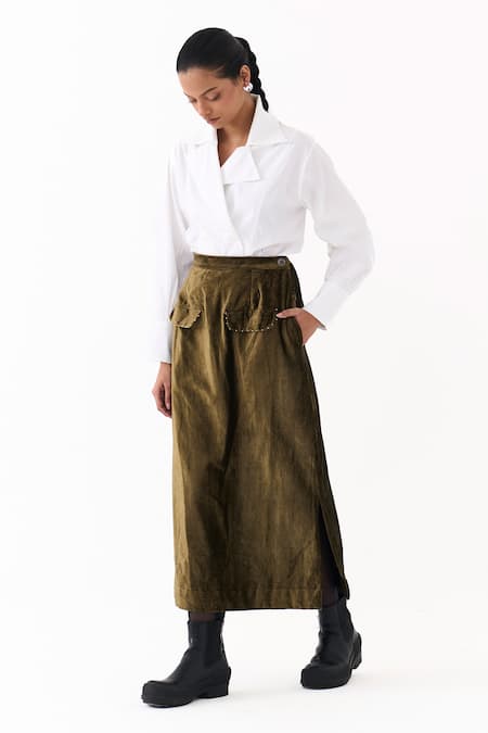 Three_Olive Green Velvet Flap Skirt _at_Aza_Fashions