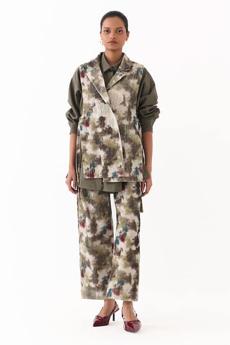 Three_Multi Color Corduroy Printed Pleated Pant _at_Aza_Fashions