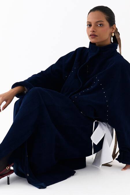 Three_Navy Corduroy Box Pleated Palazzo _Online_at_Aza_Fashions