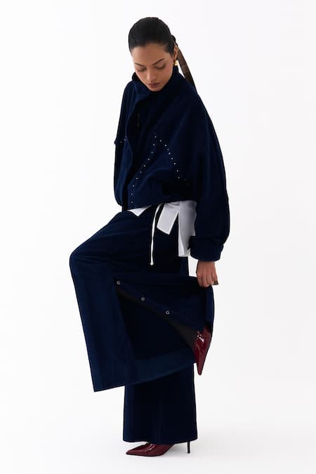 Buy_Three_Navy Corduroy Box Pleated Palazzo _Online_at_Aza_Fashions