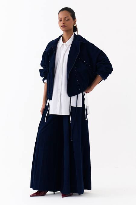 Shop_Three_Navy Corduroy Box Pleated Palazzo _Online_at_Aza_Fashions