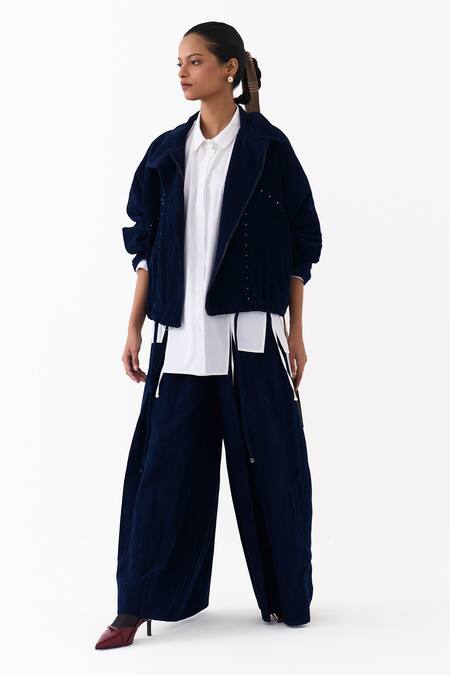 Three_Navy Corduroy Box Pleated Palazzo _at_Aza_Fashions