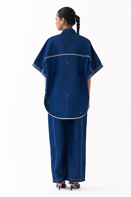 Three Blue Denim Embroidery Placement Pant at Aza Fashions Three_Blue Denim Embroidery Placement Pant _at_Aza_Fashions