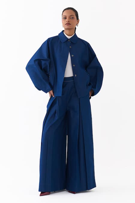 Three Denim Inverted Box Pleated Palazzo 