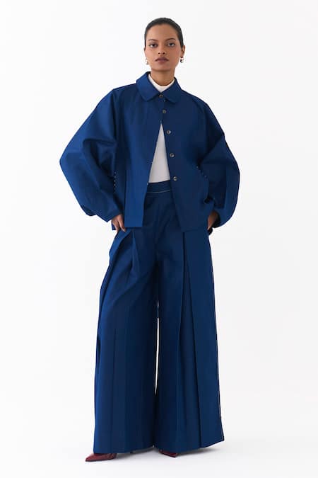 Buy_Three_Blue Denim Inverted Box Pleated Palazzo _Online_at_Aza_Fashions