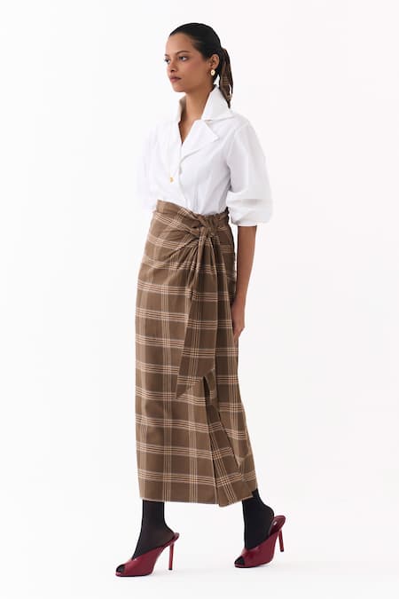 Three_Brown Checkered Print Twist Skirt _Online_at_Aza_Fashions