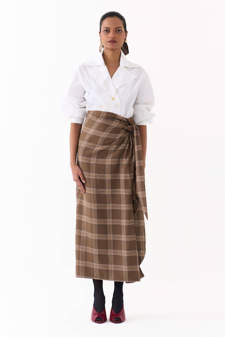 Buy_Three_Brown Checkered Print Twist Skirt _Online_at_Aza_Fashions
