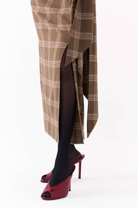 Three_Brown Checkered Print Twist Skirt _at_Aza_Fashions