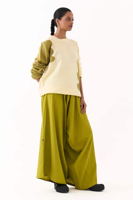 Buy_Three_Green Handloom Cotton Drop Crotch Pant _Online_at_Aza_Fashions