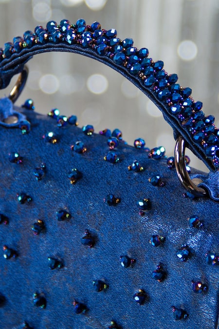 House Of Vian_Blue Beads, Pearls Embellished Satin Clutch With Sling _Online_at_Aza_Fashions
