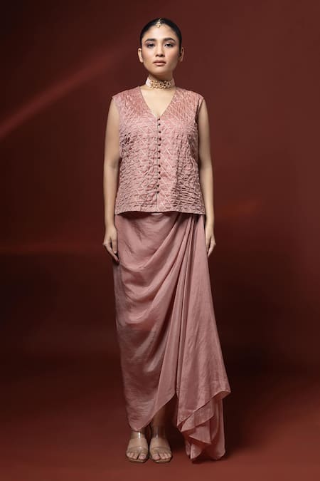 Label Shristi Chetani_Pink Silk Embroidery, Metallic Thread V-neck, Geometric Hand Jacket Skirt Set _Online_at_Aza_Fashions