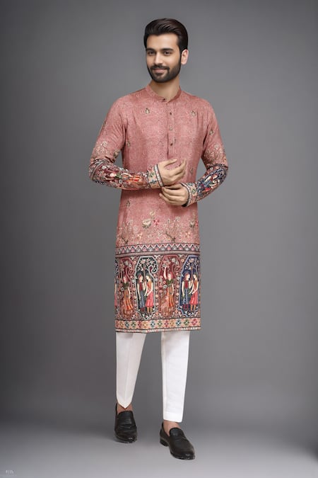 Arihant Rai Sinha_Brown Brocade, Silk Embroidery Printed Kurta And Art Pant Set _at_Aza_Fashions