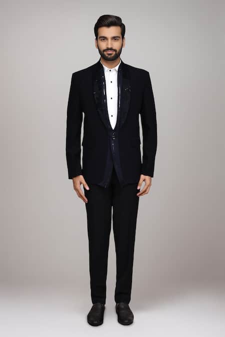 Buy_Arihant Rai Sinha_Black Satin, Silk Pipe Work Suit Set _Online_at_Aza_Fashions