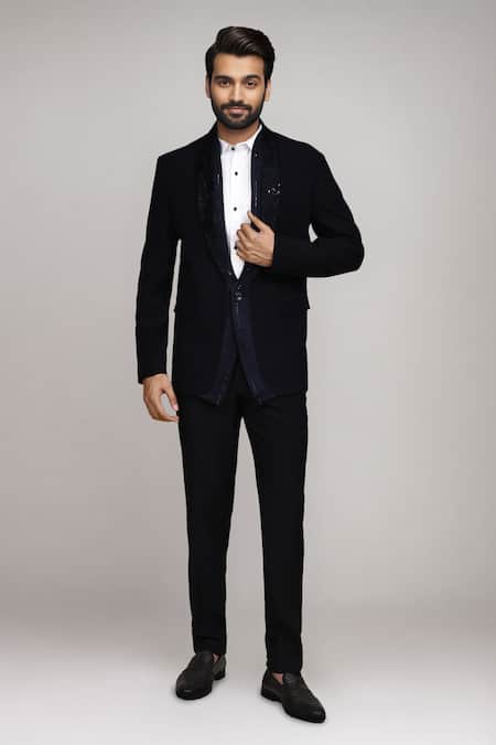 Arihant Rai Sinha_Black Satin, Silk Pipe Work Suit Set _at_Aza_Fashions