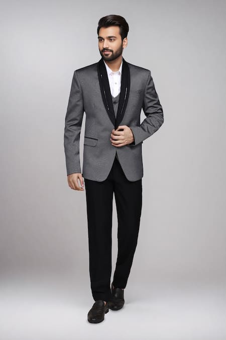 Arihant Rai Sinha_Gray Satin, Silk Textured Suit Set With Waistcoat And Pant _at_Aza_Fashions