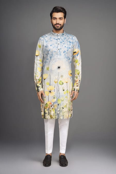 Arihant Rai Sinha Blue Linen, Cotton Embroidery Floral Print Kurta And Solid Pant Set Online at Aza Fashions Arihant Rai Sinha_Blue Linen, Cotton Embroidery Floral Print Kurta And Solid Pant Set _Online_at_Aza_Fashions