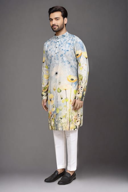 Buy Arihant Rai Sinha Blue Linen, Cotton Embroidery Floral Print Kurta And Solid Pant Set Online at Aza Fashions Buy_Arihant Rai Sinha_Blue Linen, Cotton Embroidery Floral Print Kurta And Solid Pant Set _Online_at_Aza_Fashions