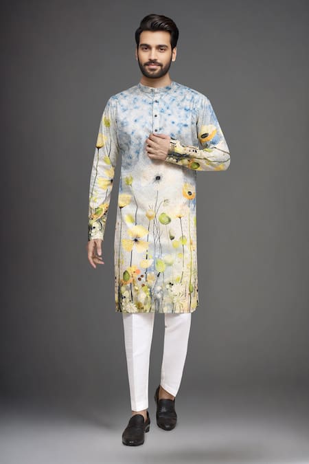 Shop Arihant Rai Sinha Blue Linen, Cotton Embroidery Floral Print Kurta And Solid Pant Set Online at Aza Fashions Shop_Arihant Rai Sinha_Blue Linen, Cotton Embroidery Floral Print Kurta And Solid Pant Set _Online_at_Aza_Fashions
