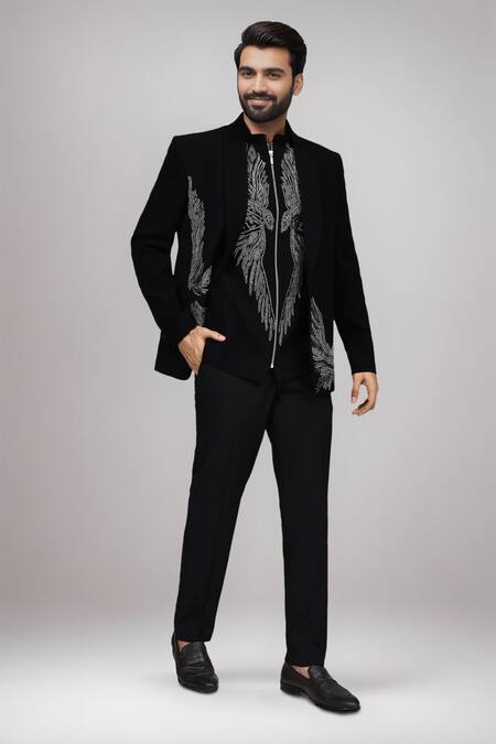 Buy_Arihant Rai Sinha_Black Beads, Cut Work, Embroidery Cutdana Wing Jacket Pant Set 