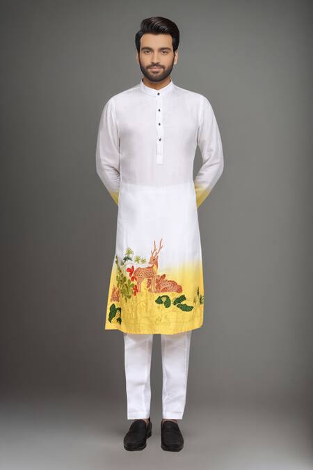 Shop Arihant Rai Sinha White Muslin Embroidery Ombre Deer Motif Kurta Set Shop_Arihant Rai Sinha_White Muslin Embroidery Ombre Deer Motif Kurta Set