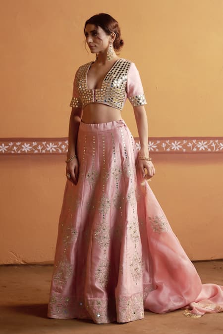 Thetaa_Pink Silk, Organza Embroidery, Mirrors V-neck Lehenga Blouse Set _Online_at_Aza_Fashions