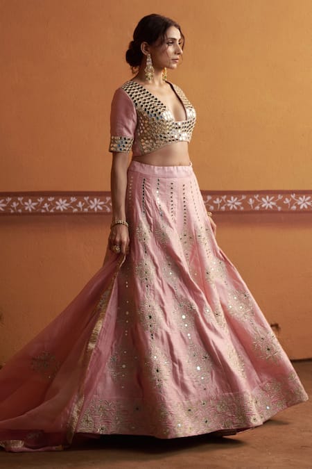 Buy_Thetaa_Pink Silk, Organza Embroidery, Mirrors V-neck Lehenga Blouse Set _Online_at_Aza_Fashions