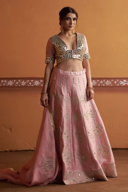 Shop_Thetaa_Pink Silk, Organza Embroidery, Mirrors V-neck Lehenga Blouse Set _Online_at_Aza_Fashions