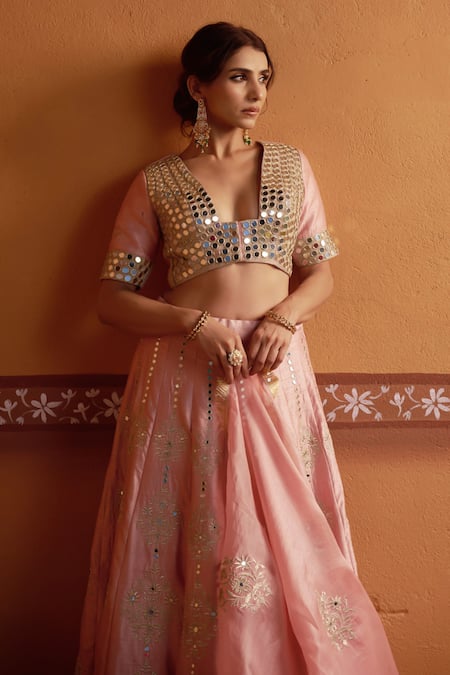Thetaa_Pink Silk, Organza Embroidery, Mirrors V-neck Lehenga Blouse Set _at_Aza_Fashions