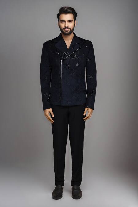 Arihant Rai Sinha_Black Velvet Sequins Embroidered Asymmetric Blazer _Online_at_Aza_Fashions
