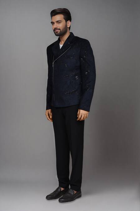 Buy_Arihant Rai Sinha_Black Velvet Sequins Embroidered Asymmetric Blazer _Online_at_Aza_Fashions