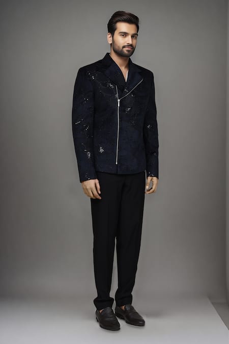 Shop_Arihant Rai Sinha_Black Velvet Sequins Embroidered Asymmetric Blazer _Online_at_Aza_Fashions