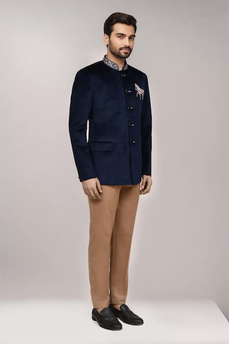 Arihant Rai Sinha_Navy Velvet Embroidery Bandhgala With Pant _at_Aza_Fashions
