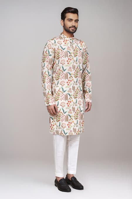 Buy_Arihant Rai Sinha_Cream Brocade, Silk Floral Printed Kurta And Pant Set 