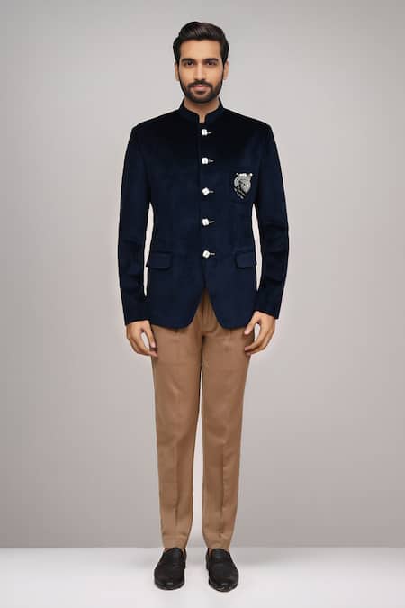 Buy_Arihant Rai Sinha_Navy Velvet Beads Elephant Work Bandhgala And Pant _Online_at_Aza_Fashions