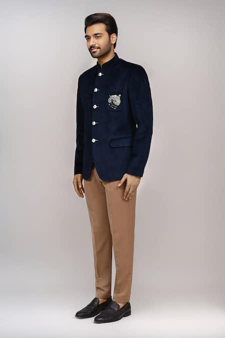 Shop_Arihant Rai Sinha_Navy Velvet Beads Elephant Work Bandhgala And Pant _Online_at_Aza_Fashions