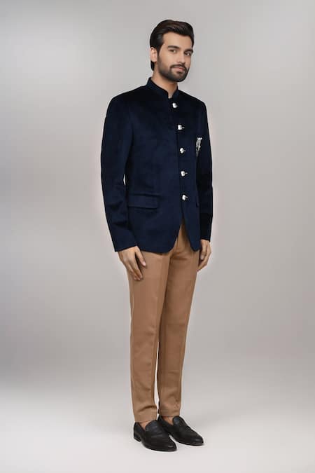 Arihant Rai Sinha_Navy Velvet Beads Elephant Work Bandhgala And Pant _at_Aza_Fashions
