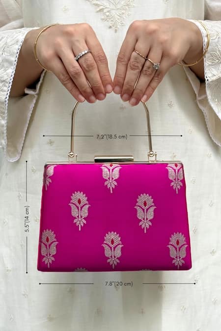Amyra_Pink Embroidery Sutra Silk Meena Work Clutch _at_Aza_Fashions