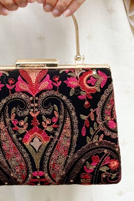 Amyra_Black Embroidery, Sequins Rumi Thread Clutch_Online_at_Aza_Fashions