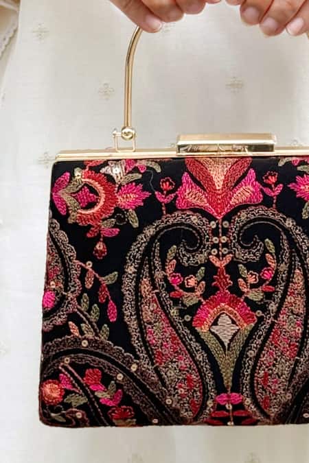 Shop_Amyra_Black Embroidery, Sequins Rumi Thread Clutch_Online_at_Aza_Fashions