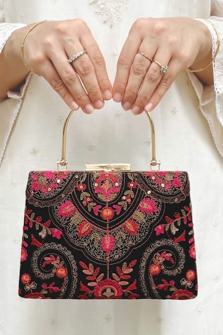 Amyra_Black Embroidery, Sequins Rumi Thread Clutch_at_Aza_Fashions