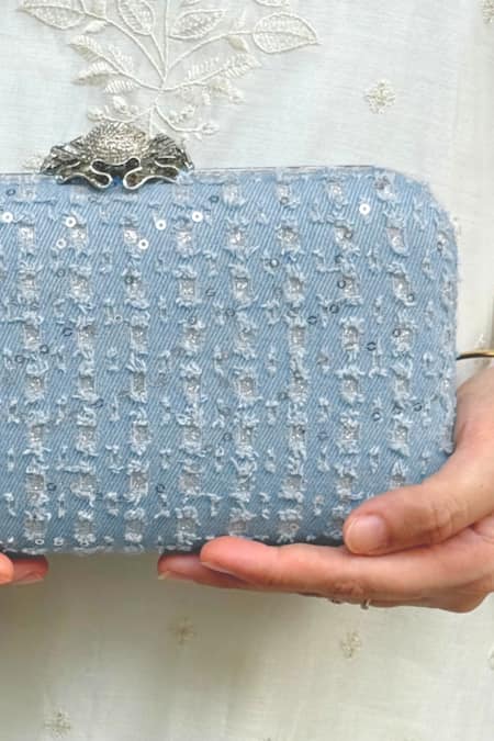 Buy_Amyra_Blue Sequins, Embroidery Denim Clutch _Online_at_Aza_Fashions