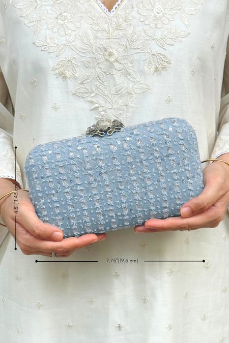 Shop_Amyra_Blue Sequins, Embroidery Denim Clutch _Online_at_Aza_Fashions