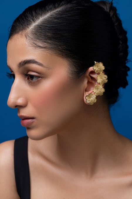Ethnic Andaz_Gold Plated Flower Carved Pair Of Ear Cuffs _Online_at_Aza_Fashions
