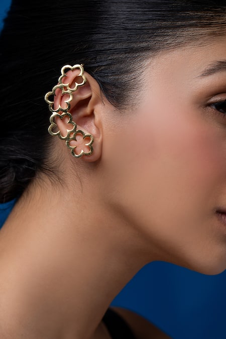 Ethnic Andaz_Gold Plated Flower Drop Pair Of Ear Cuffs _Online_at_Aza_Fashions