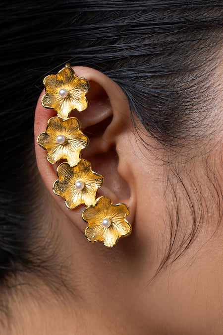 Ethnic Andaz_Gold Plated Pearls Garland Floral Carved Pair Of Ear Cuffs _Online_at_Aza_Fashions
